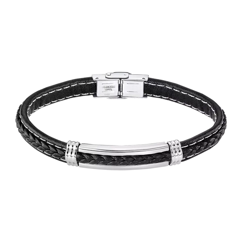 Lotus Style, armbånd i skinn og stål, sort (bredde 8 mm, lengde 22,6 cm)